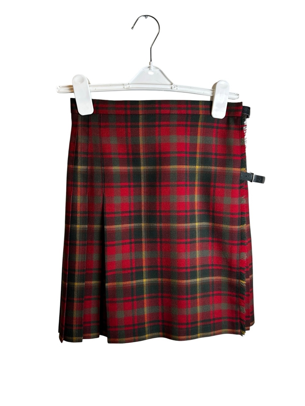 Vtg Strathmore Scotland Wool Plaid Kilt Skirt Red Tartan Pleated Wrap Buckle 12